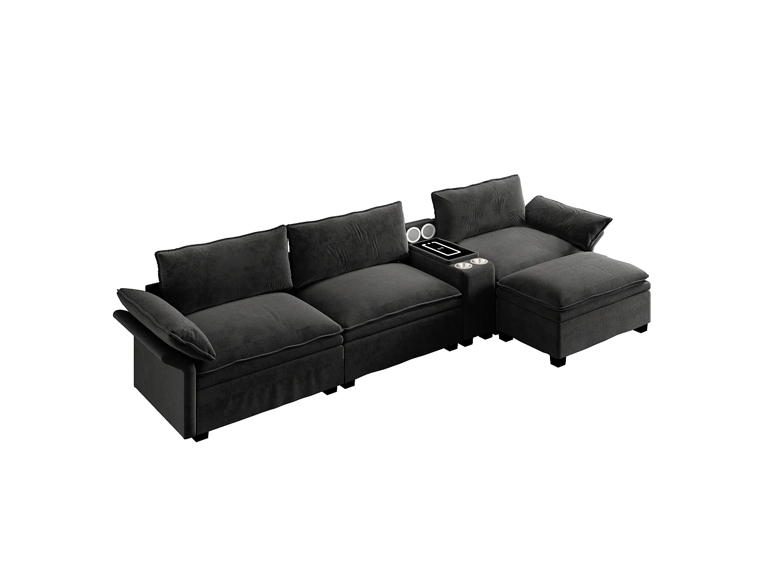 Canapé d'angle modulable 3 places en chenille - Charge sans fil, porte-gobelets et pouf - Noir