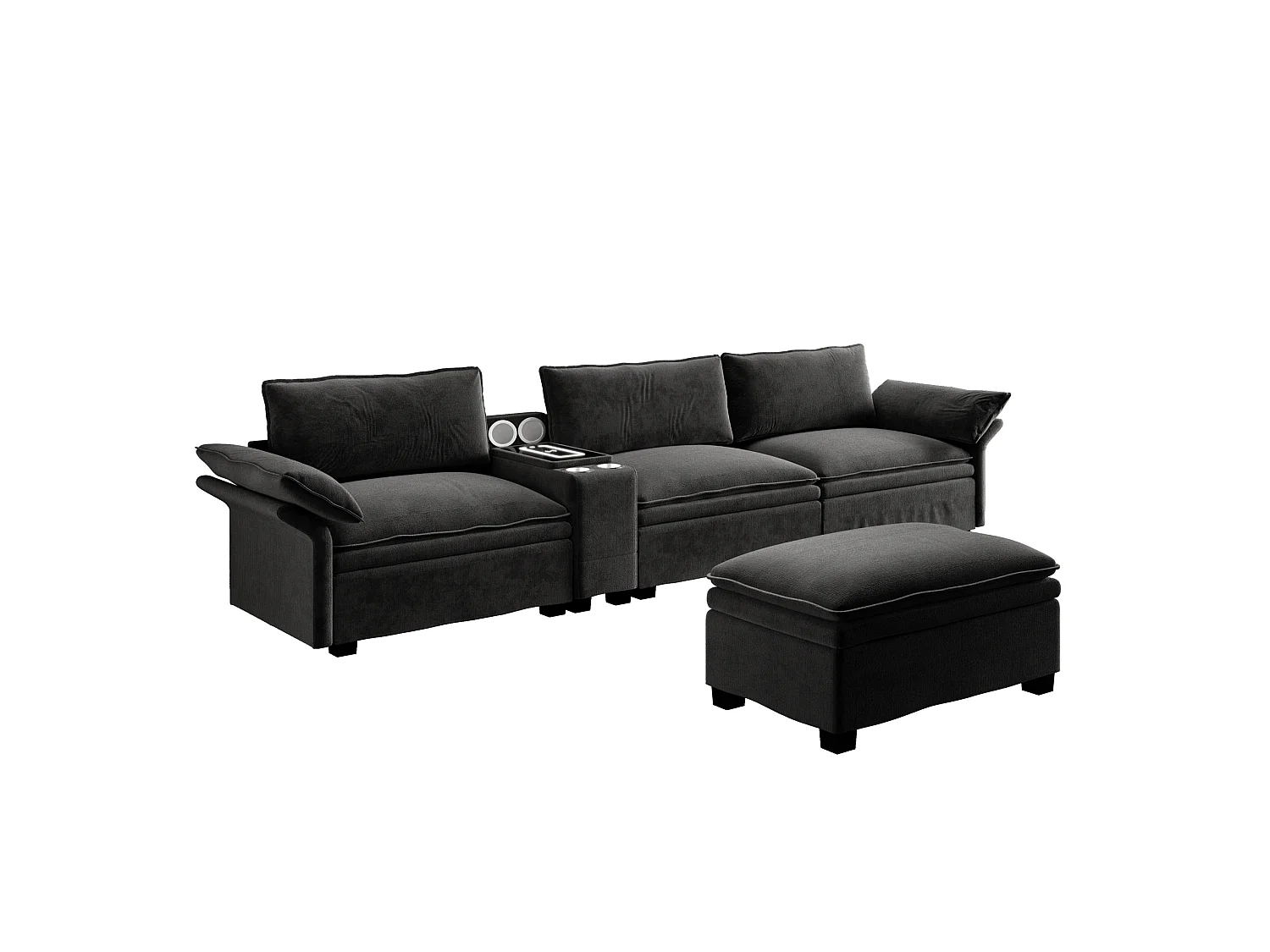 Canapé d'angle modulable 3 places en chenille - Charge sans fil, porte-gobelets et pouf - Noir