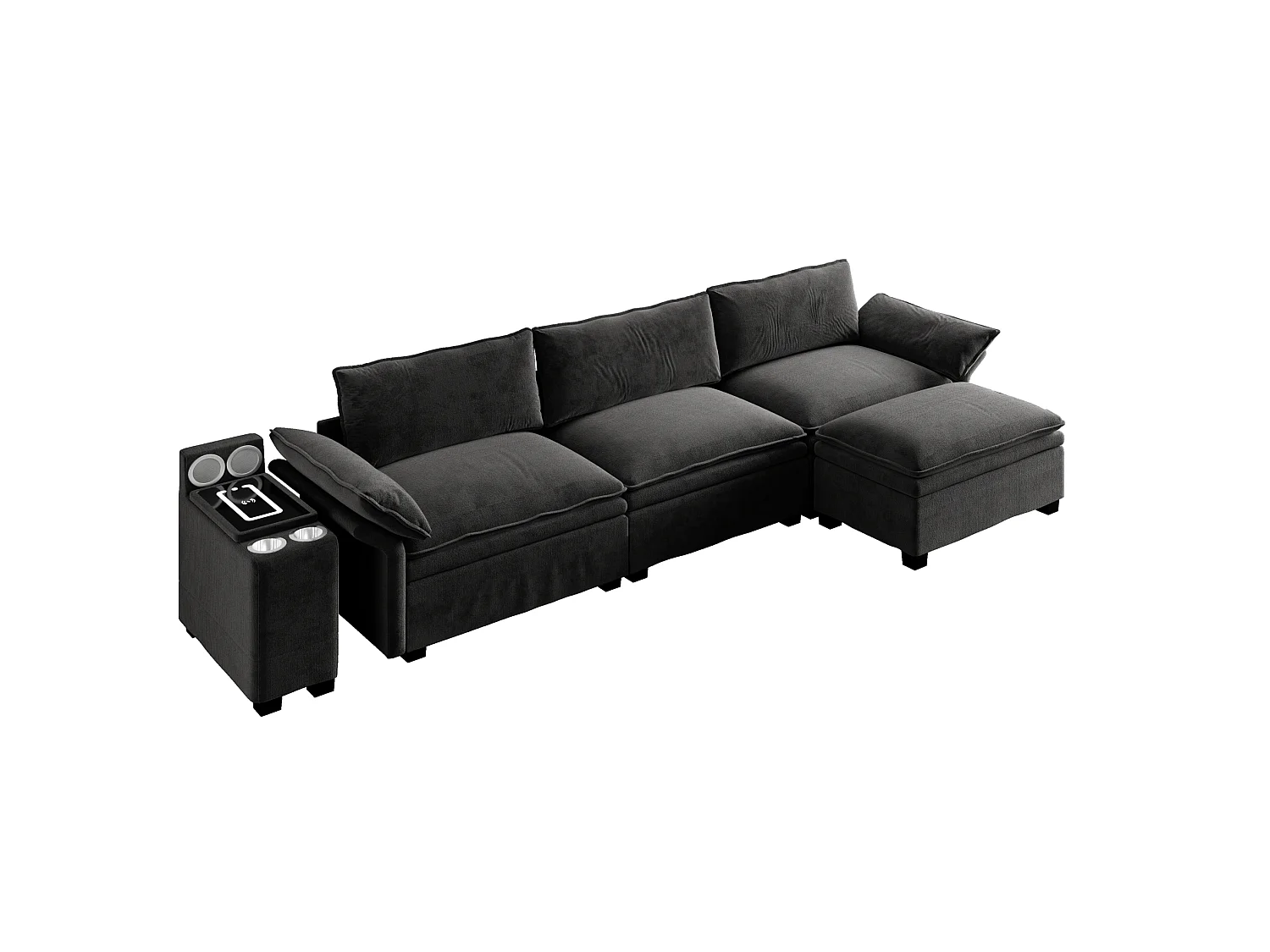 Canapé d'angle modulable 3 places en chenille - Charge sans fil, porte-gobelets et pouf - Noir