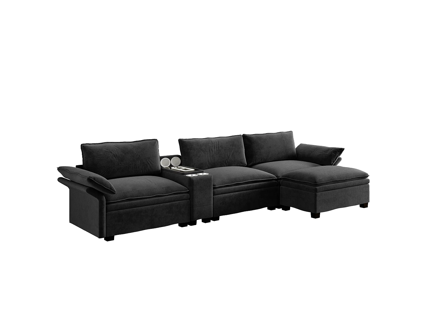 Canapé d'angle modulable 3 places en chenille - Charge sans fil, porte-gobelets et pouf - Noir