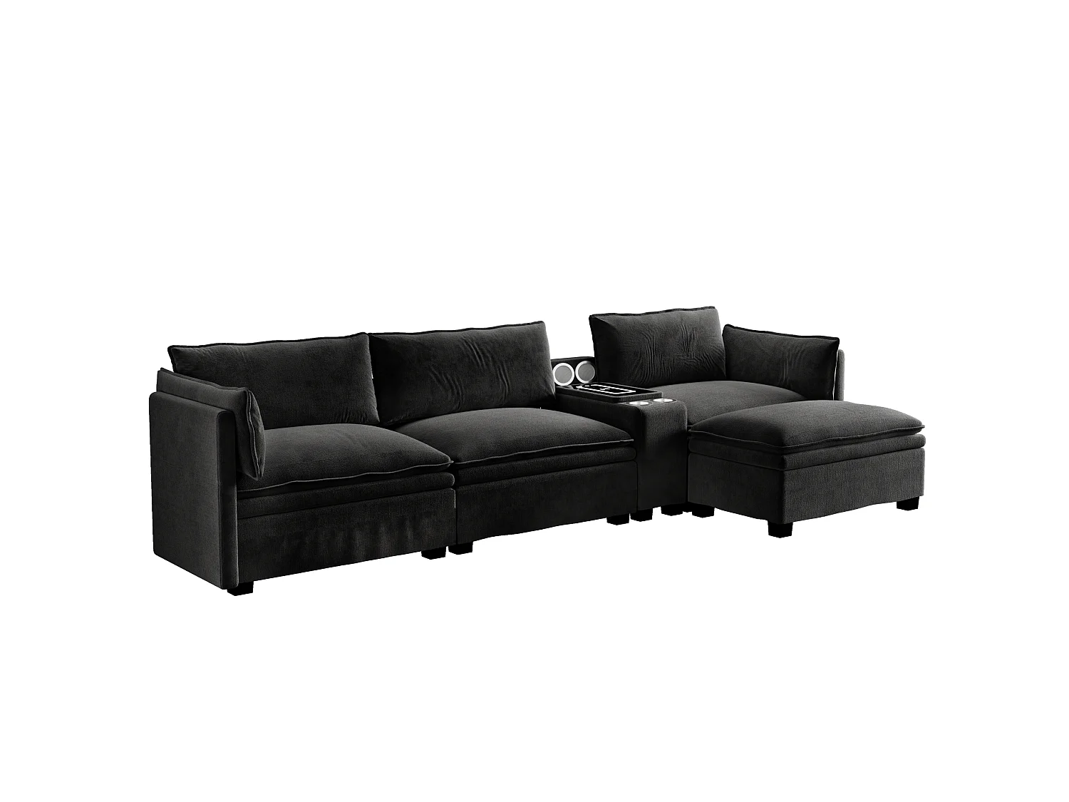 Canapé d'angle modulable 3 places en chenille - Charge sans fil, porte-gobelets et pouf - Noir