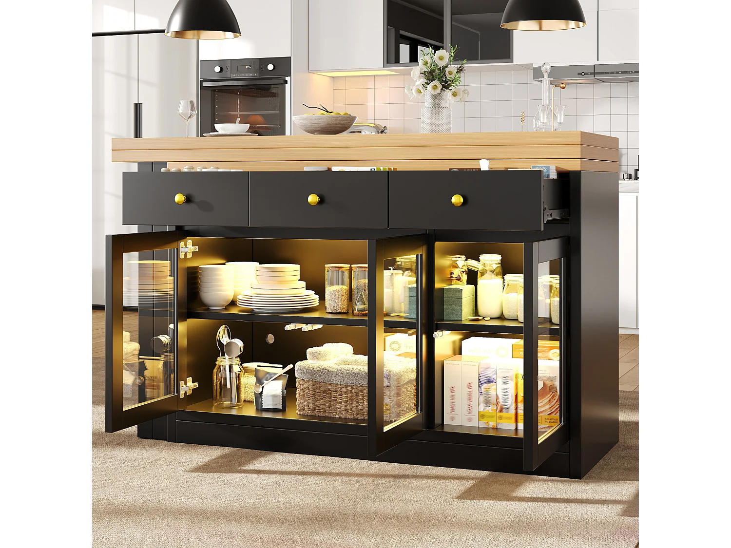 Desserte de cuisine extensible 120-200 cm avec LED, 3 tiroirs et 3 portes - Noir