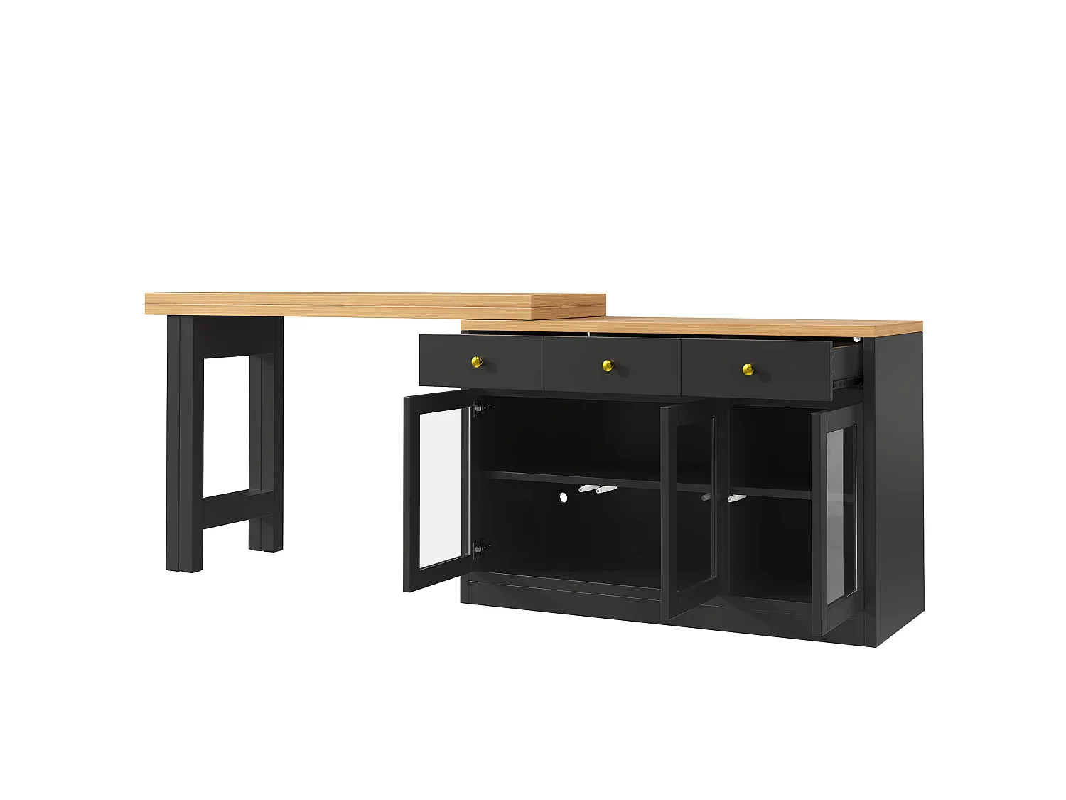 Desserte de cuisine extensible 120-200 cm avec LED, 3 tiroirs et 3 portes - Noir