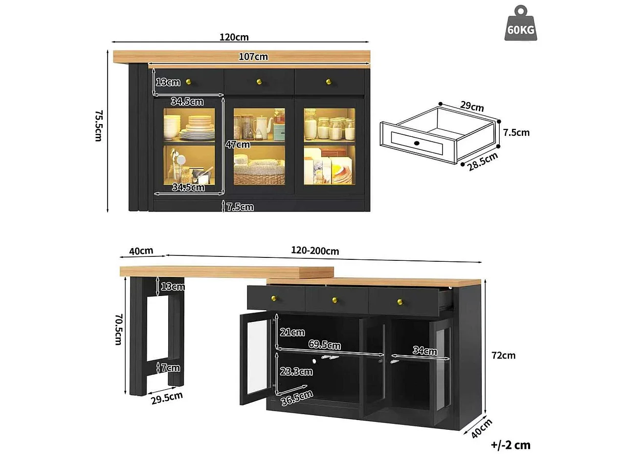 Desserte de cuisine extensible 120-200 cm avec LED, 3 tiroirs et 3 portes - Noir