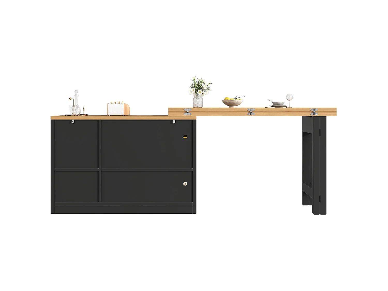 Desserte de cuisine extensible 120-200 cm avec LED, 3 tiroirs et 3 portes - Noir