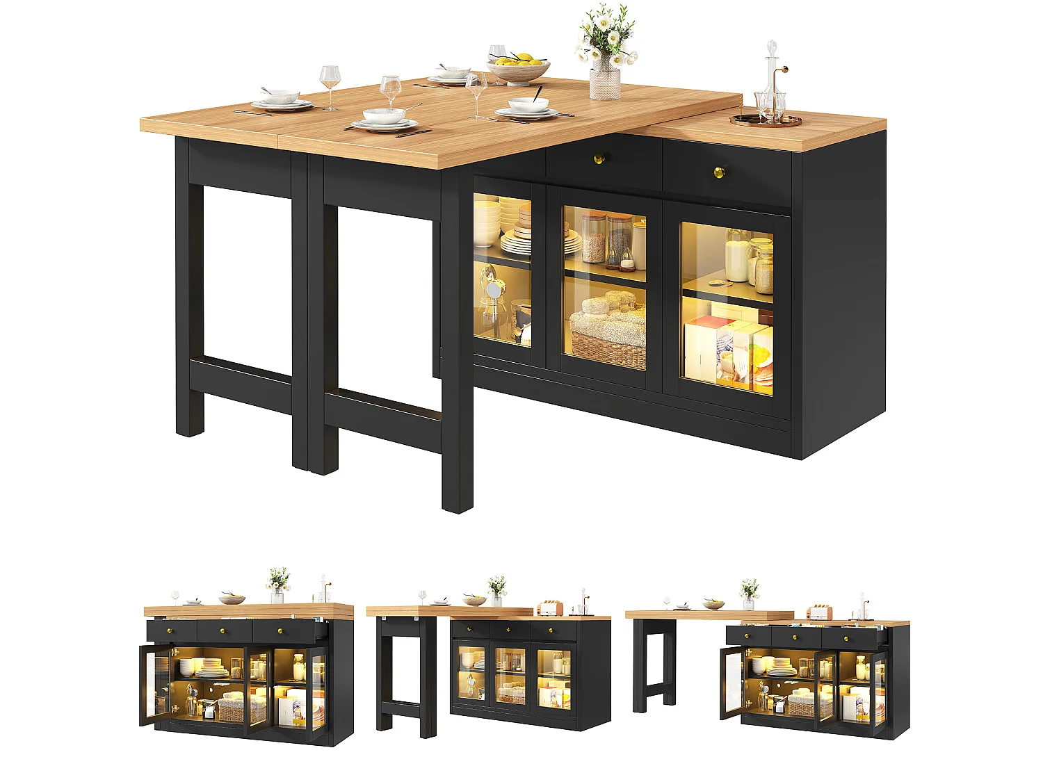 Desserte de cuisine extensible 120-200 cm avec LED, 3 tiroirs et 3 portes - Noir