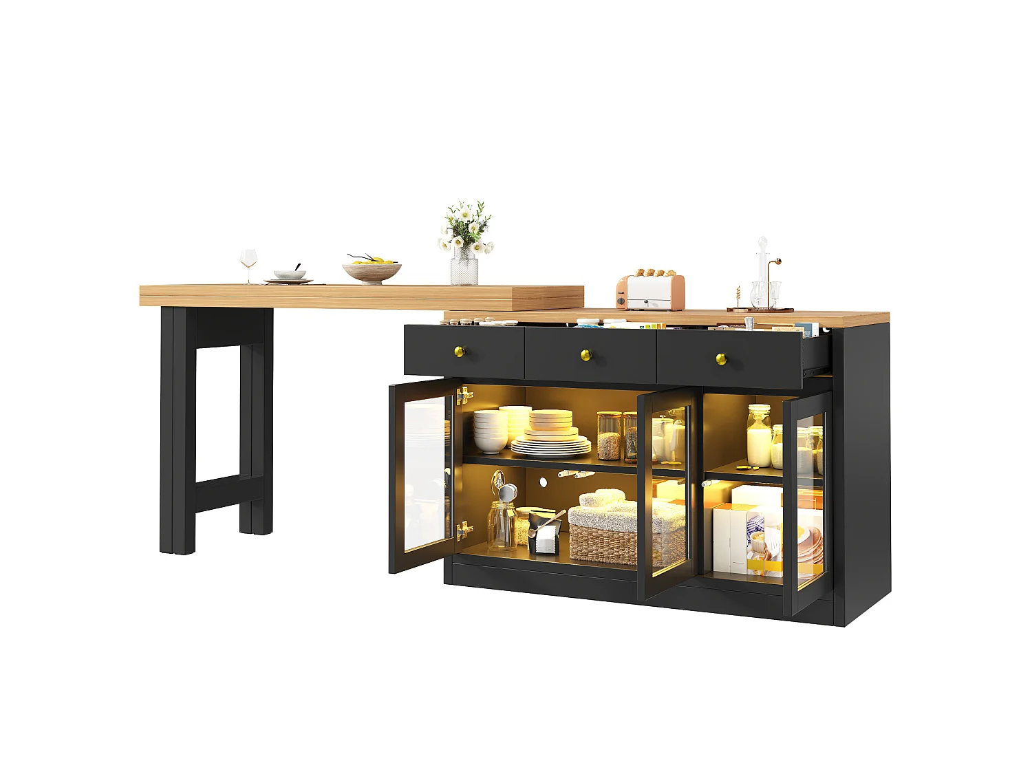 Desserte de cuisine extensible 120-200 cm avec LED, 3 tiroirs et 3 portes - Noir