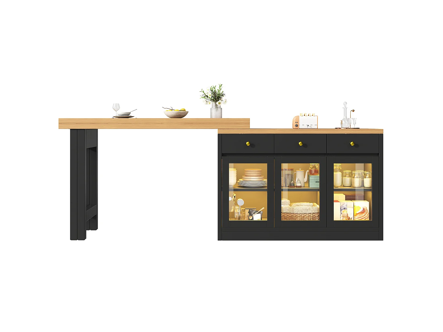 Desserte de cuisine extensible 120-200 cm avec LED, 3 tiroirs et 3 portes - Noir