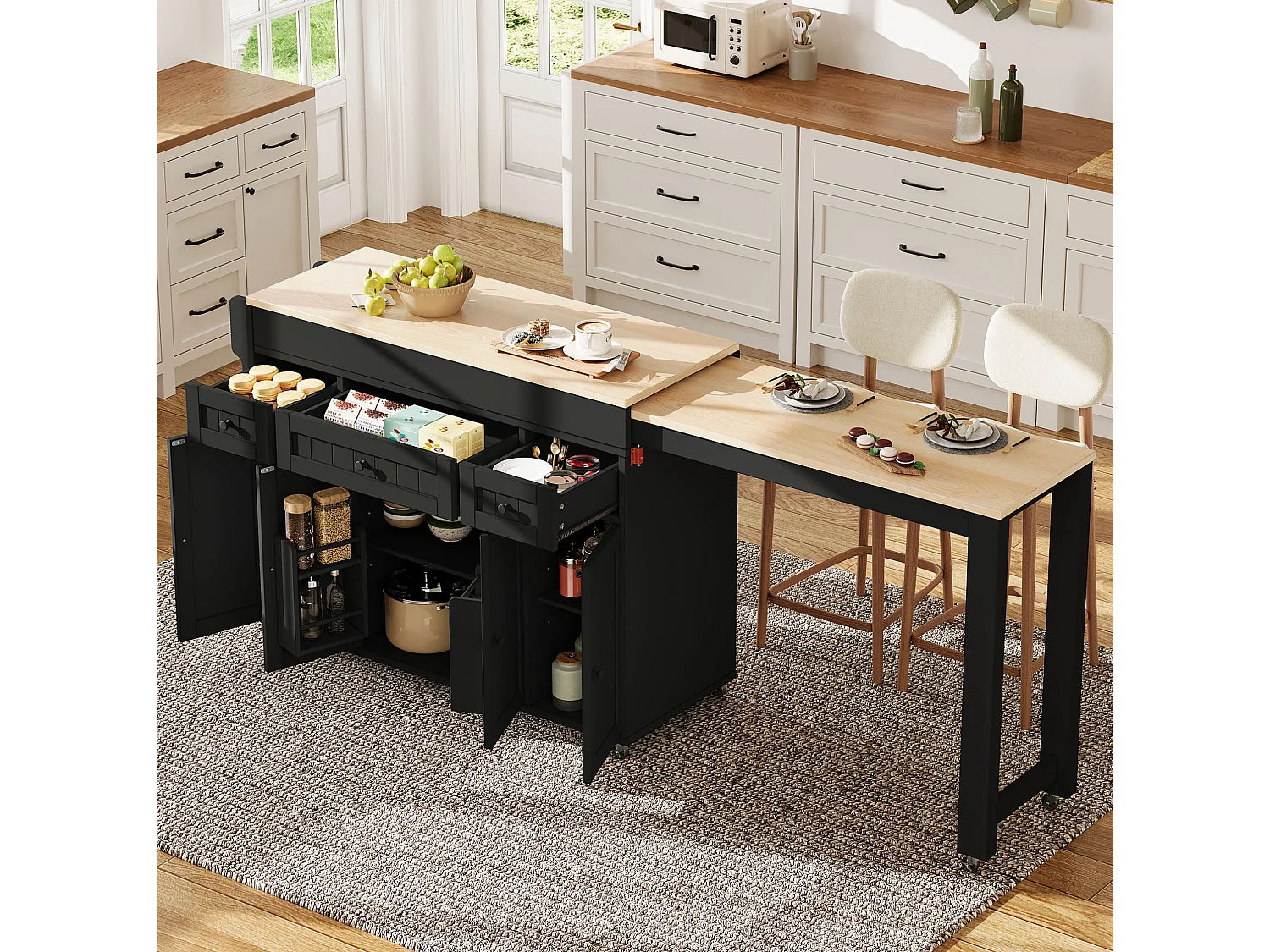 Îlot de cuisine sur roulettes avec extensible plateau, 3 tiroirs et 4 portes - Noir