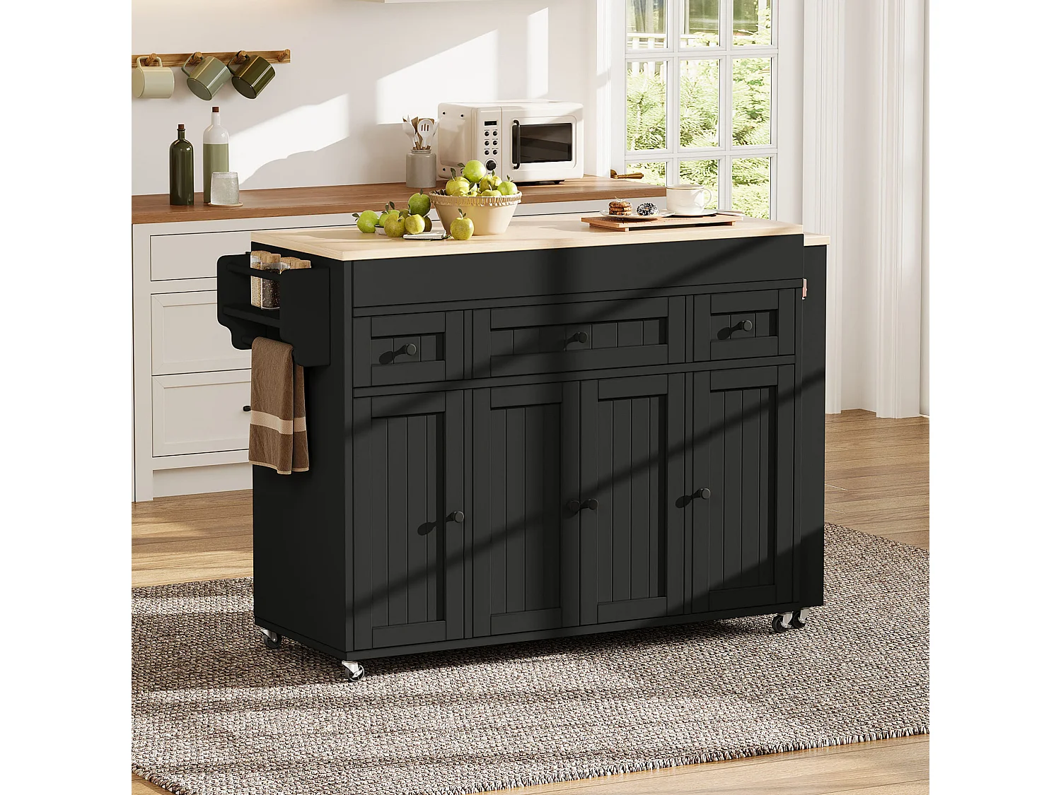 Îlot de cuisine sur roulettes avec extensible plateau, 3 tiroirs et 4 portes - Noir