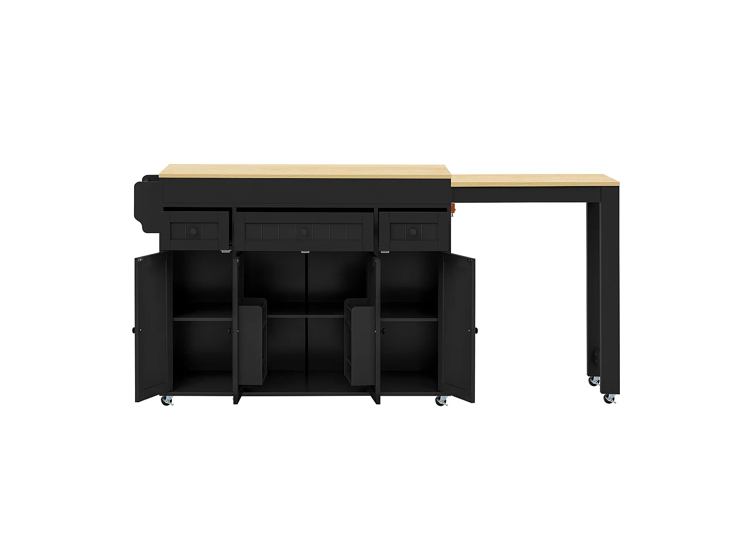 Îlot de cuisine sur roulettes avec extensible plateau, 3 tiroirs et 4 portes - Noir