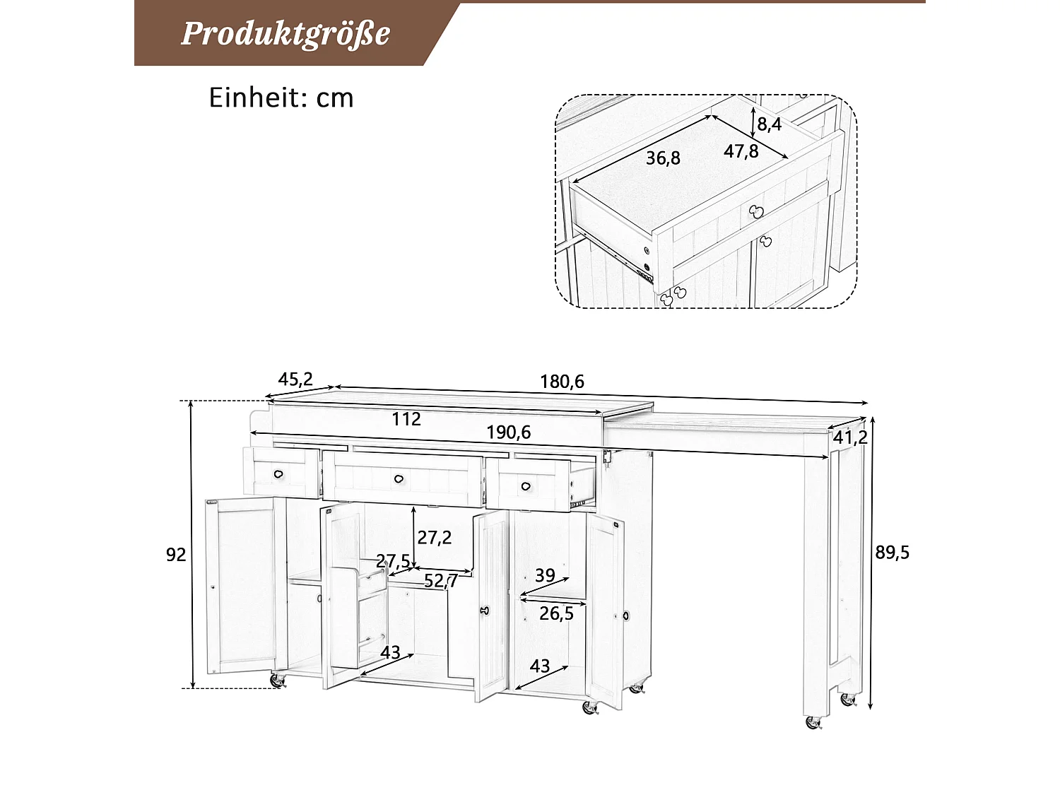 Îlot de cuisine sur roulettes avec extensible plateau, 3 tiroirs et 4 portes - Noir
