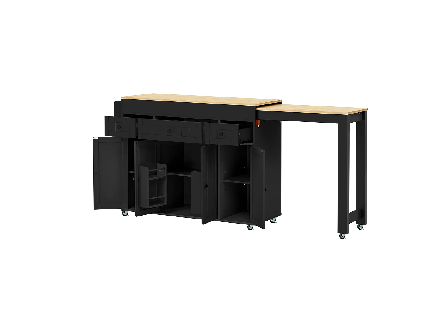 Îlot de cuisine sur roulettes avec extensible plateau, 3 tiroirs et 4 portes - Noir