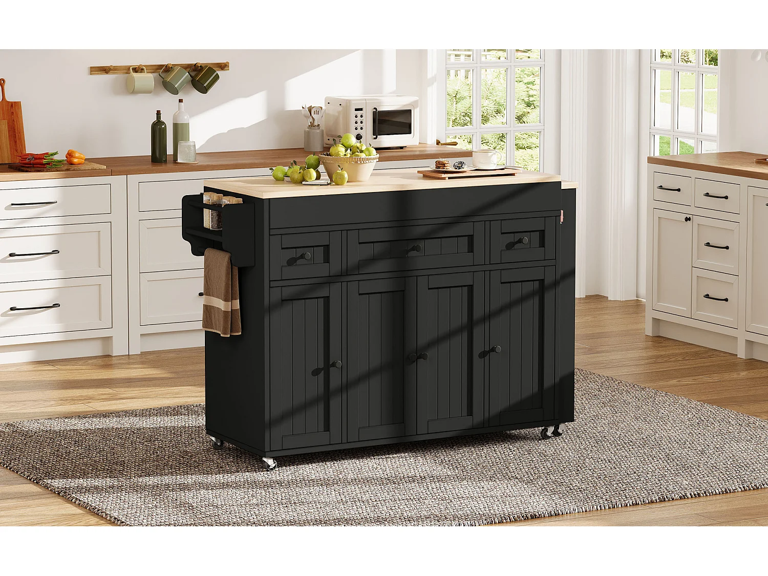 Îlot de cuisine sur roulettes avec extensible plateau, 3 tiroirs et 4 portes - Noir