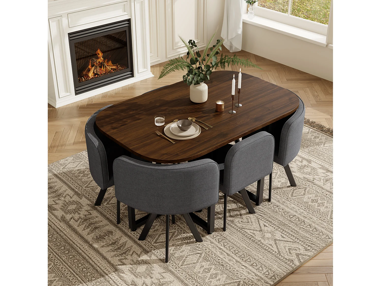Ensemble table à manger noyer 140 x 90 cm + 6 chaises en lin gris