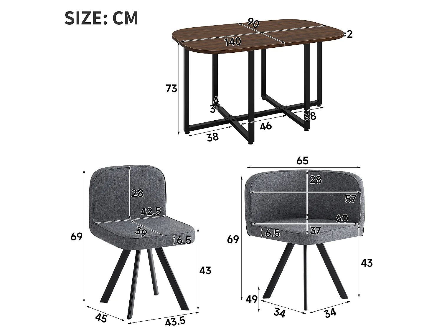 Ensemble table à manger noyer 140 x 90 cm + 6 chaises en lin gris