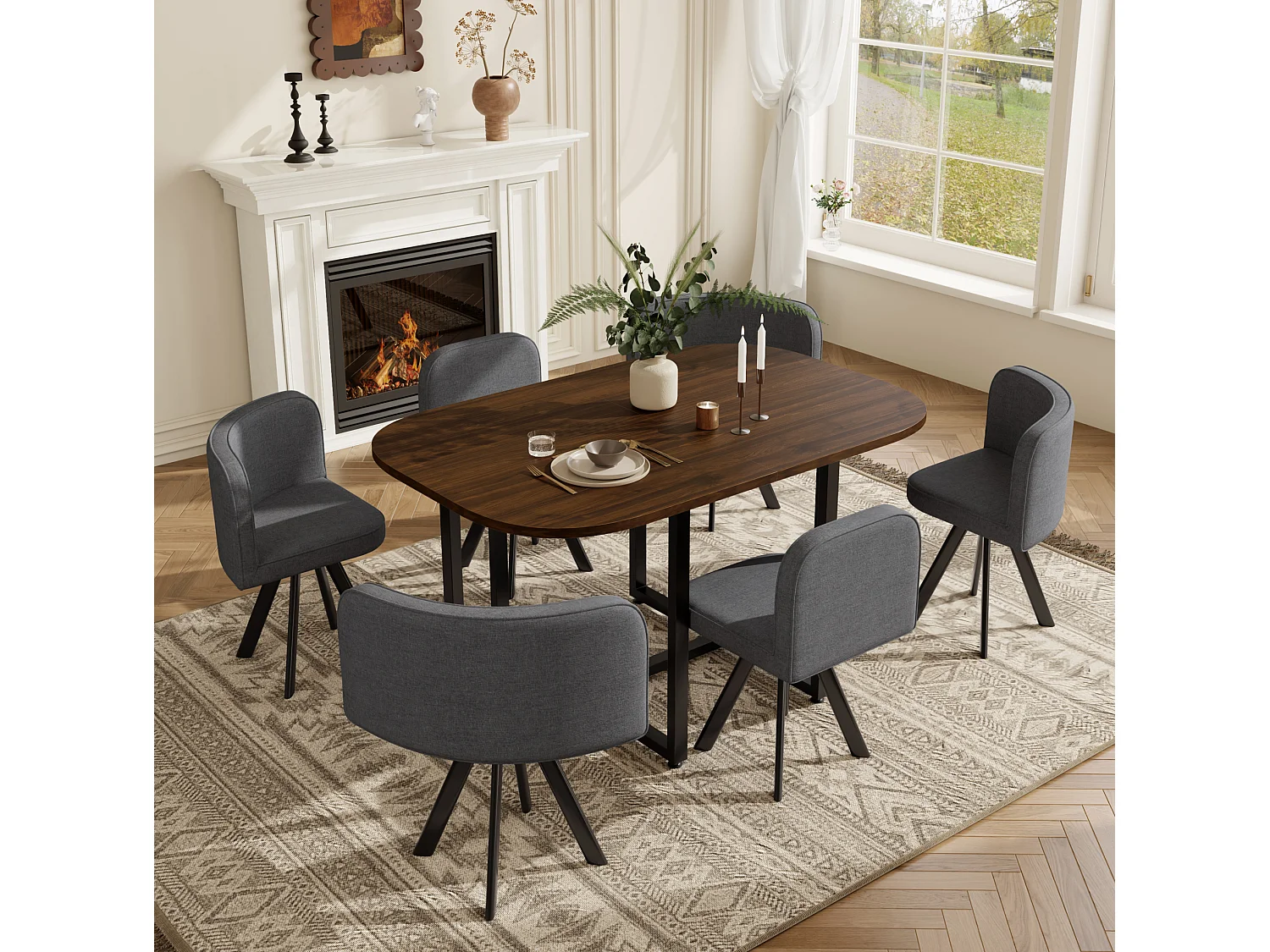 Ensemble table à manger noyer 140 x 90 cm + 6 chaises en lin gris