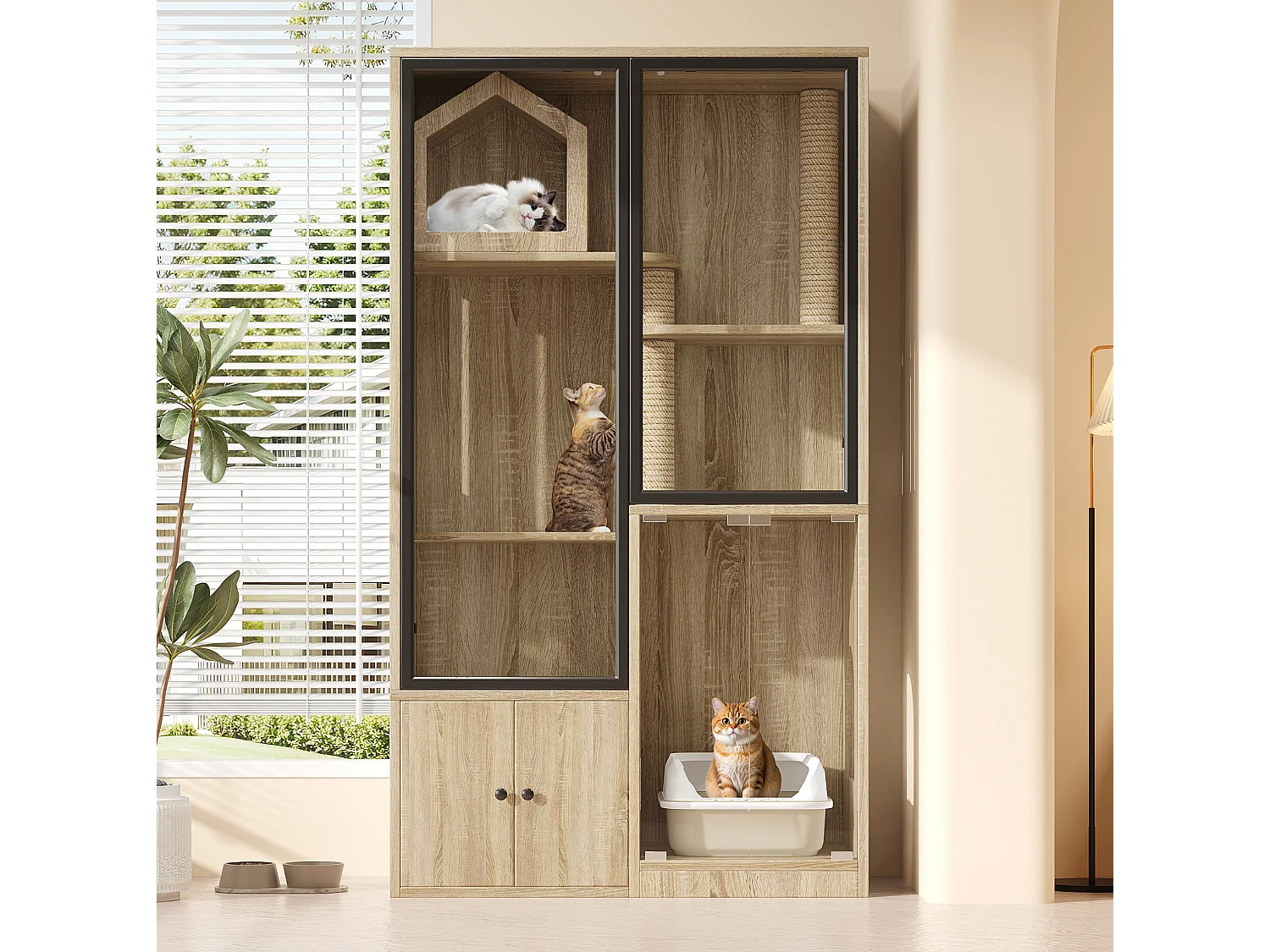 Casita para gatos de 90x50x160 cm con puertas de cristal templado, rascadores y espacio de almacenamiento - Madera clara