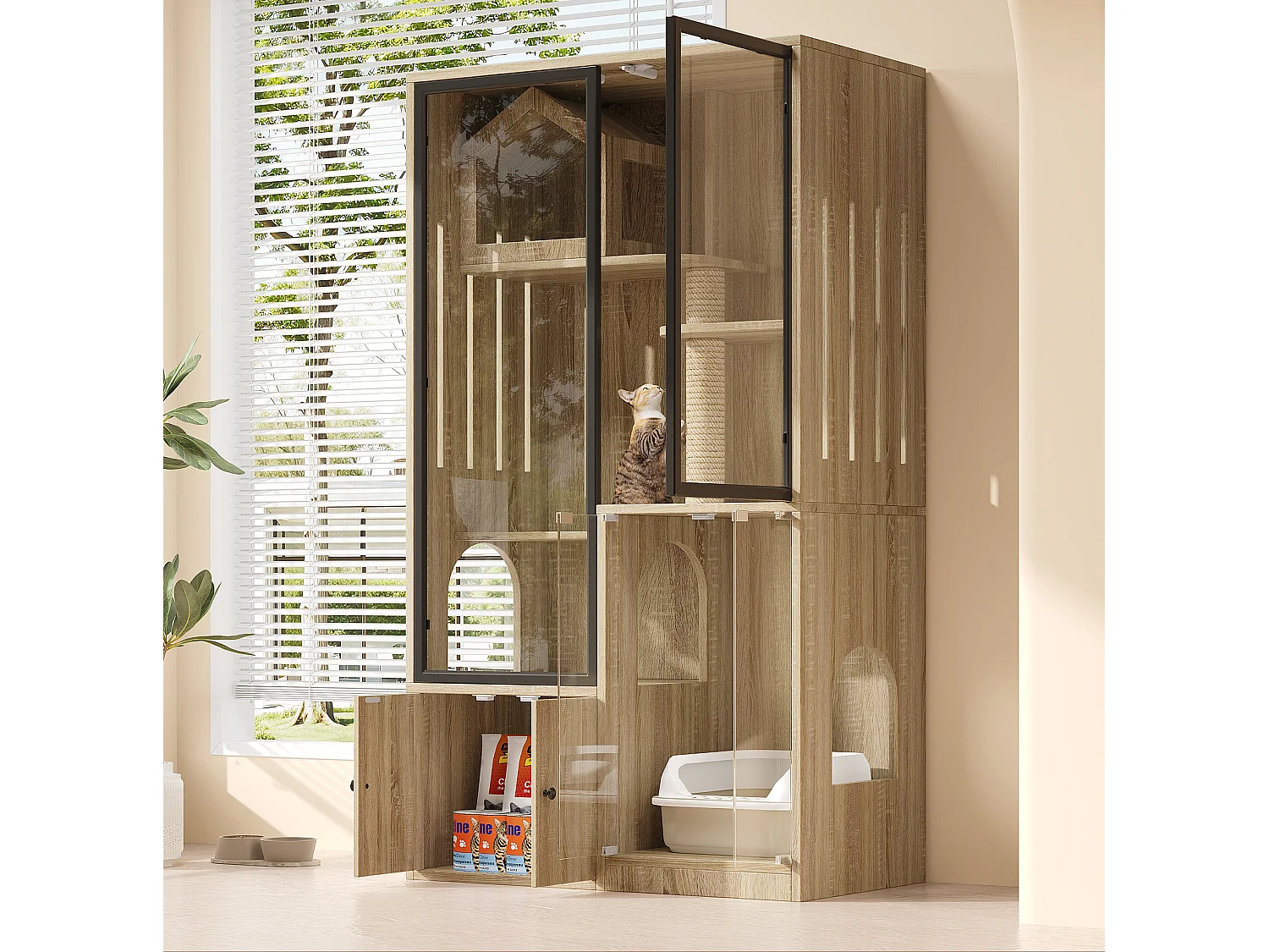 Casita para gatos de 90x50x160 cm con puertas de cristal templado, rascadores y espacio de almacenamiento - Madera clara