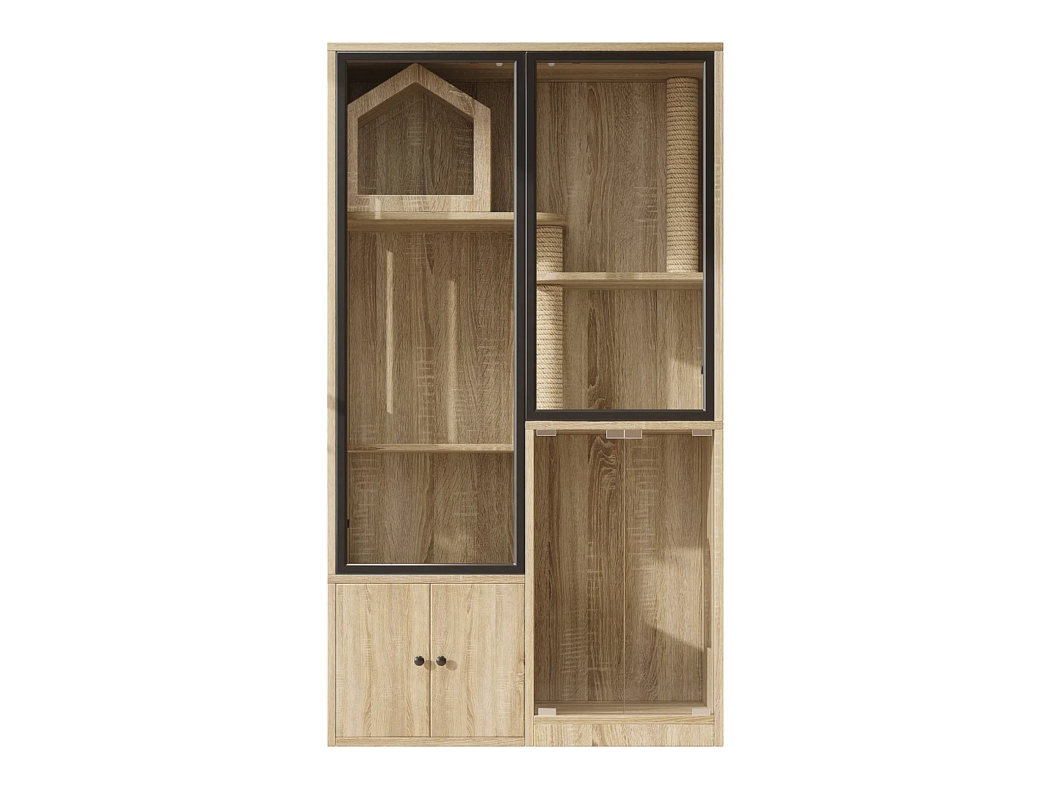 Casita para gatos de 90x50x160 cm con puertas de cristal templado, rascadores y espacio de almacenamiento - Madera clara