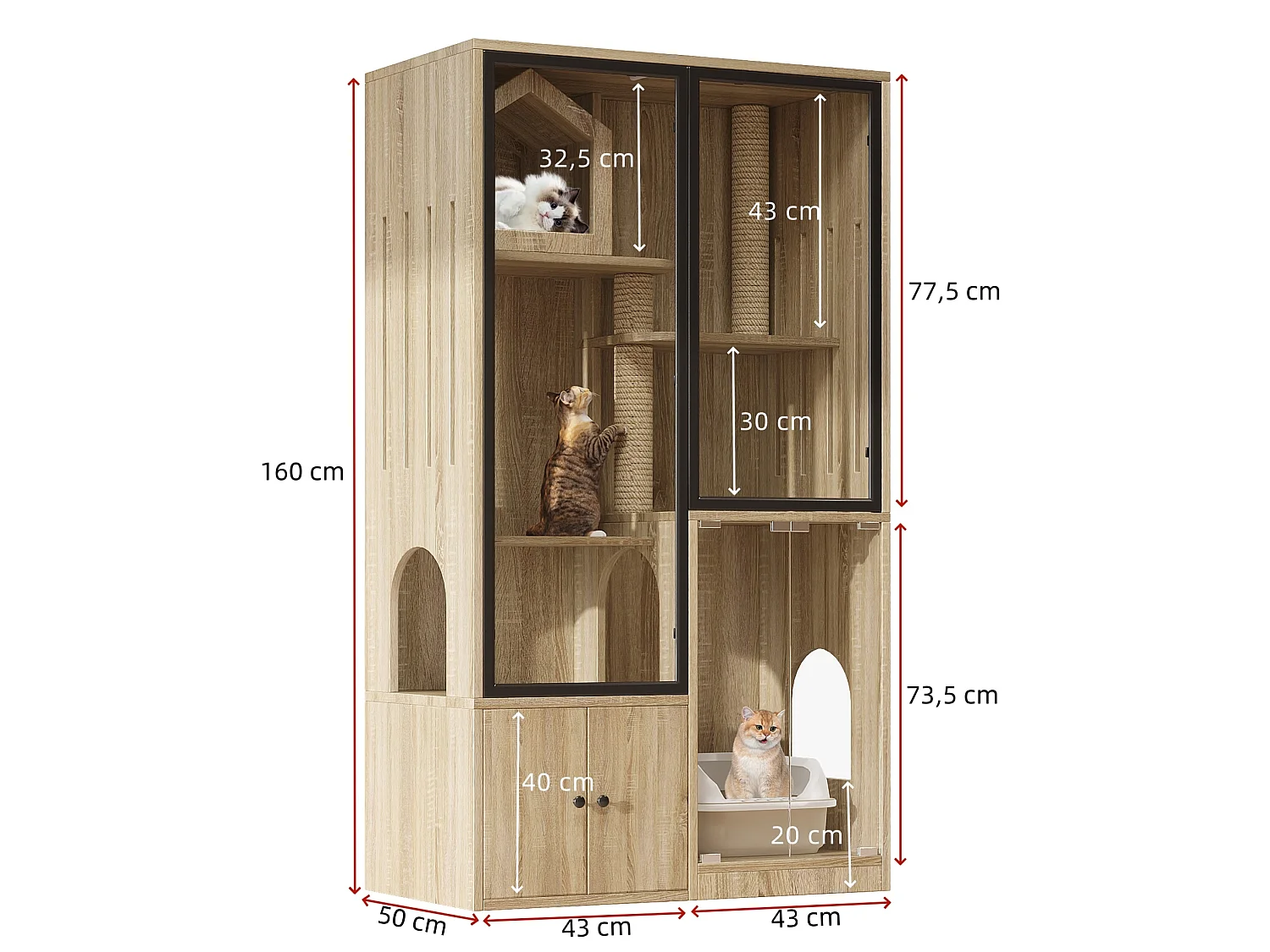 Casita para gatos de 90x50x160 cm con puertas de cristal templado, rascadores y espacio de almacenamiento - Madera clara