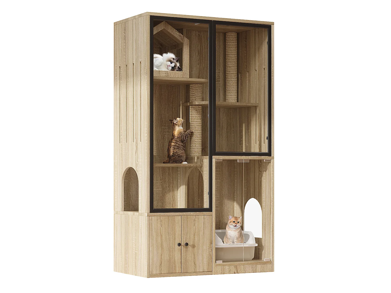 Casita para gatos de 90x50x160 cm con puertas de cristal templado, rascadores y espacio de almacenamiento - Madera clara