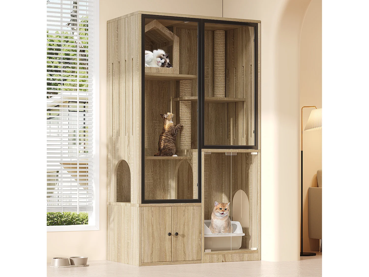 Casita para gatos de 90x50x160 cm con puertas de cristal templado, rascadores y espacio de almacenamiento - Madera clara