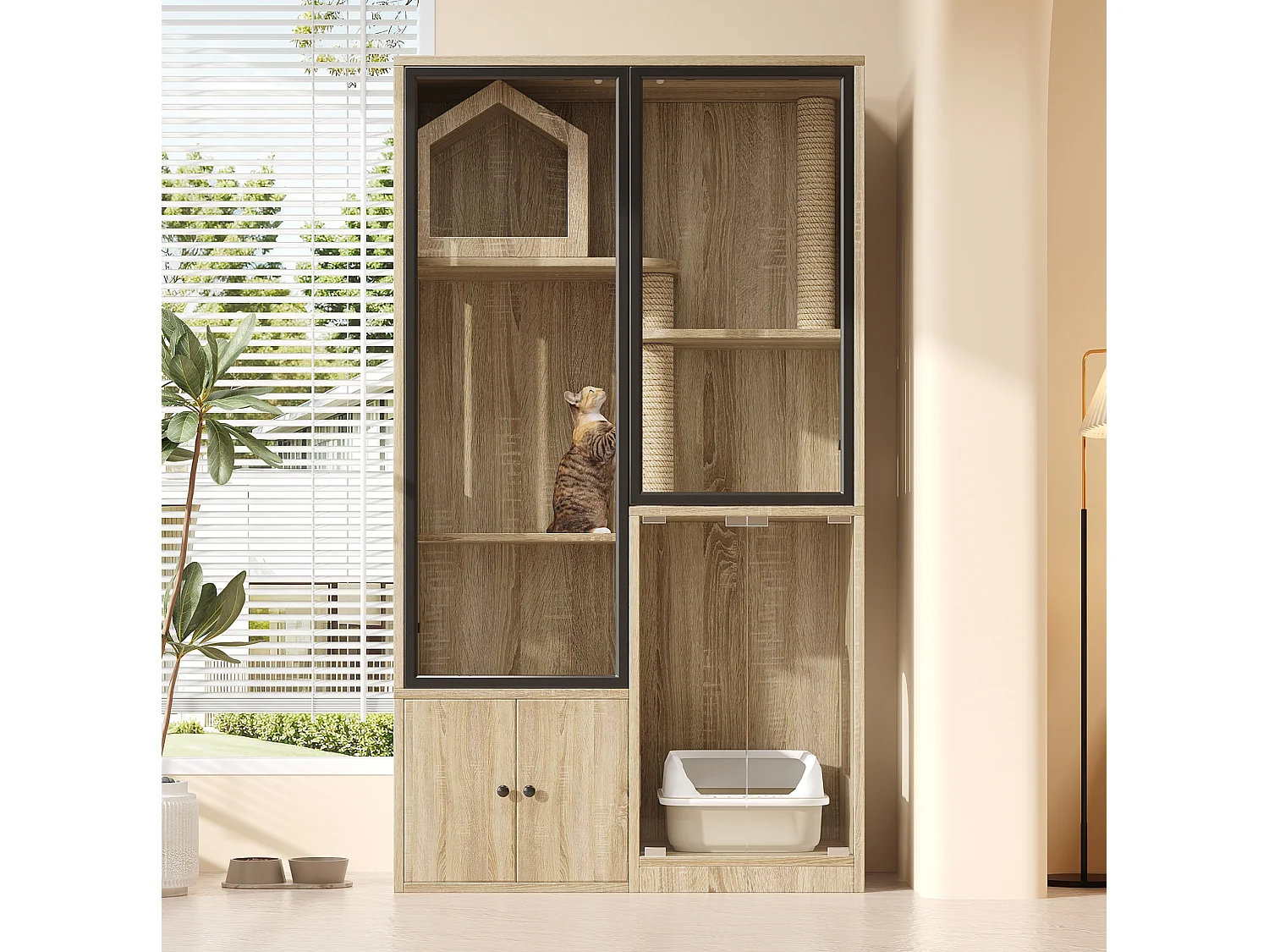 Casita para gatos de 90x50x160 cm con puertas de cristal templado, rascadores y espacio de almacenamiento - Madera clara