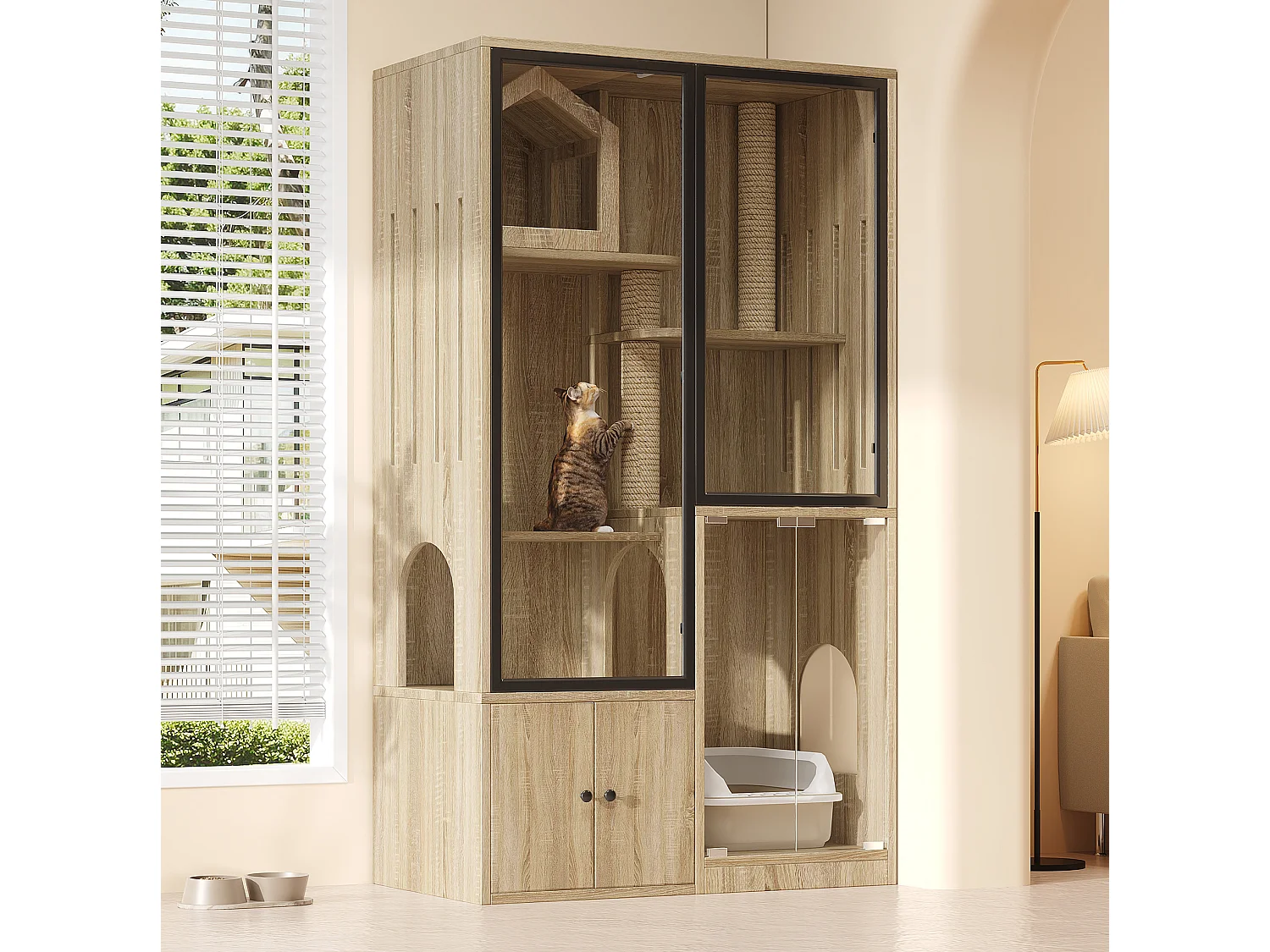 Casita para gatos de 90x50x160 cm con puertas de cristal templado, rascadores y espacio de almacenamiento - Madera clara