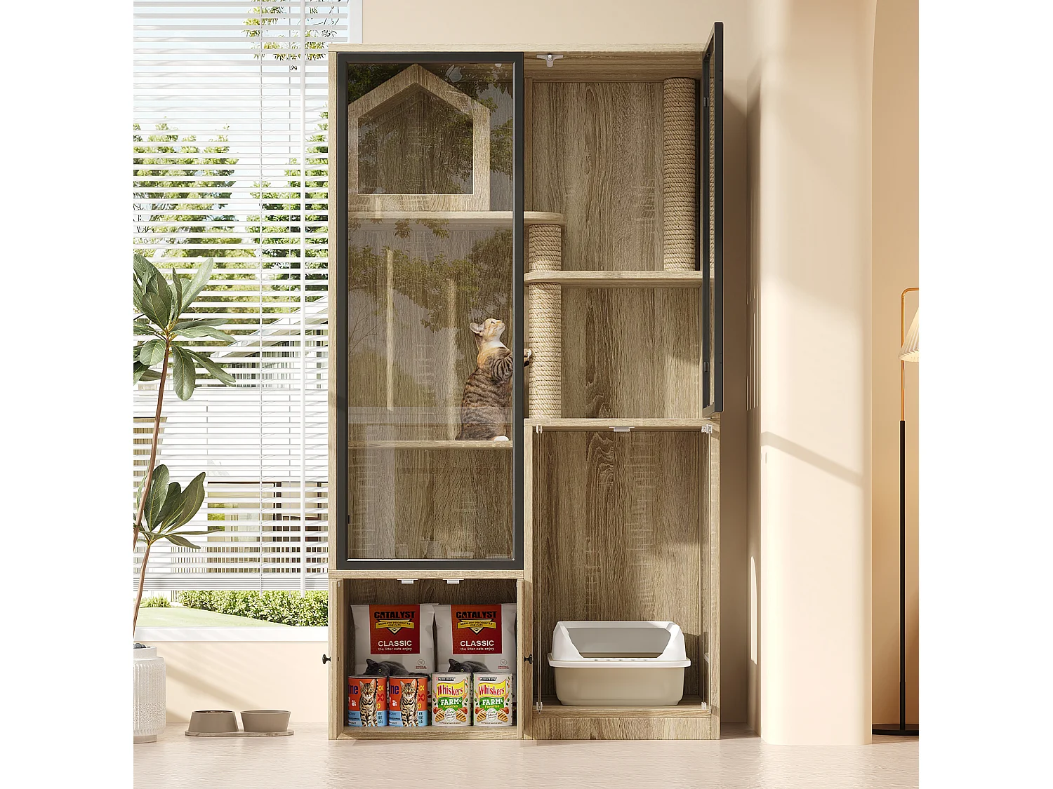 Casita para gatos de 90x50x160 cm con puertas de cristal templado, rascadores y espacio de almacenamiento - Madera clara