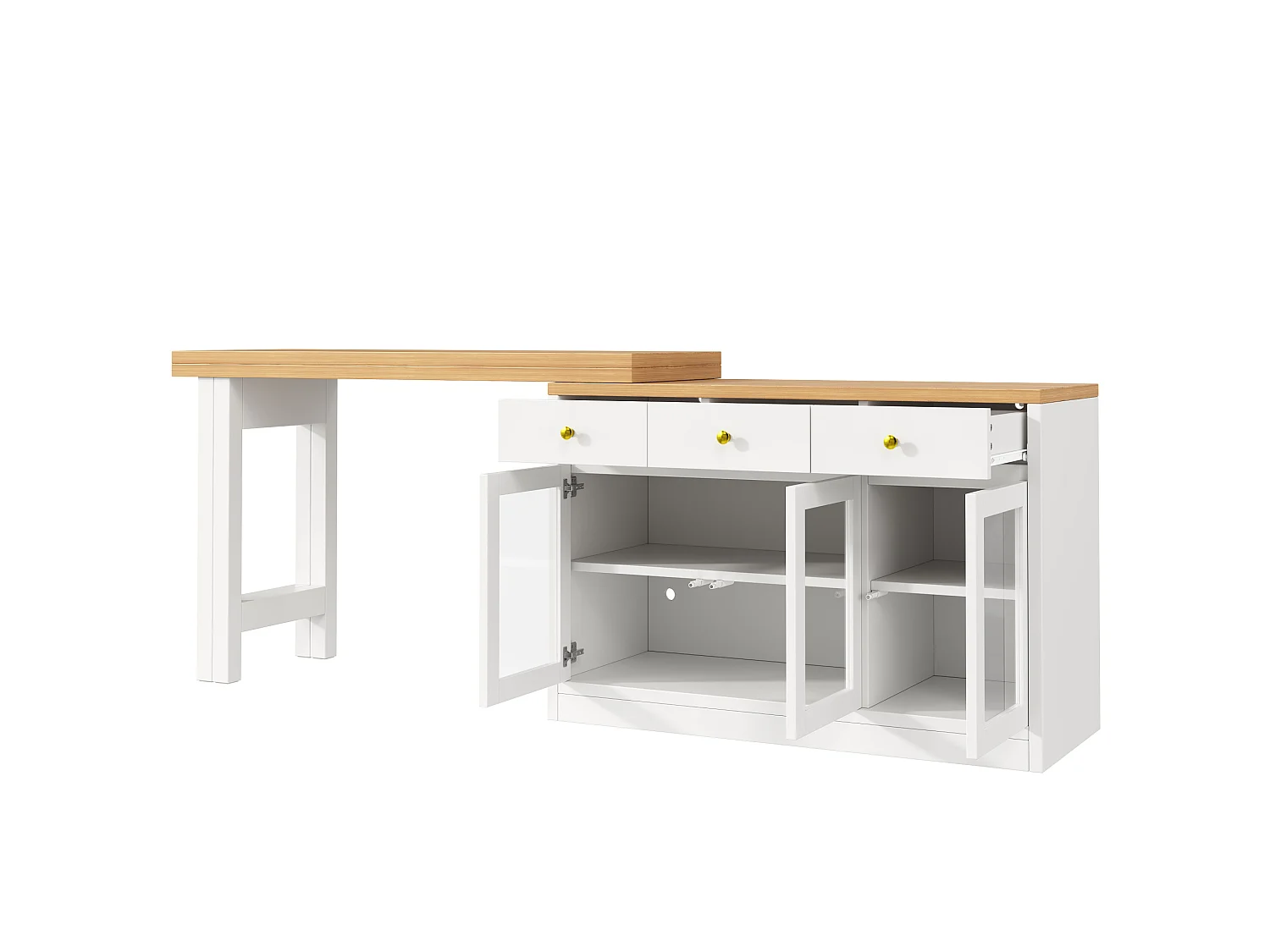 Carrito de cocina extensible de 120-200 cm con iluminación LED, 3 cajones y 3 puertas - Blanco