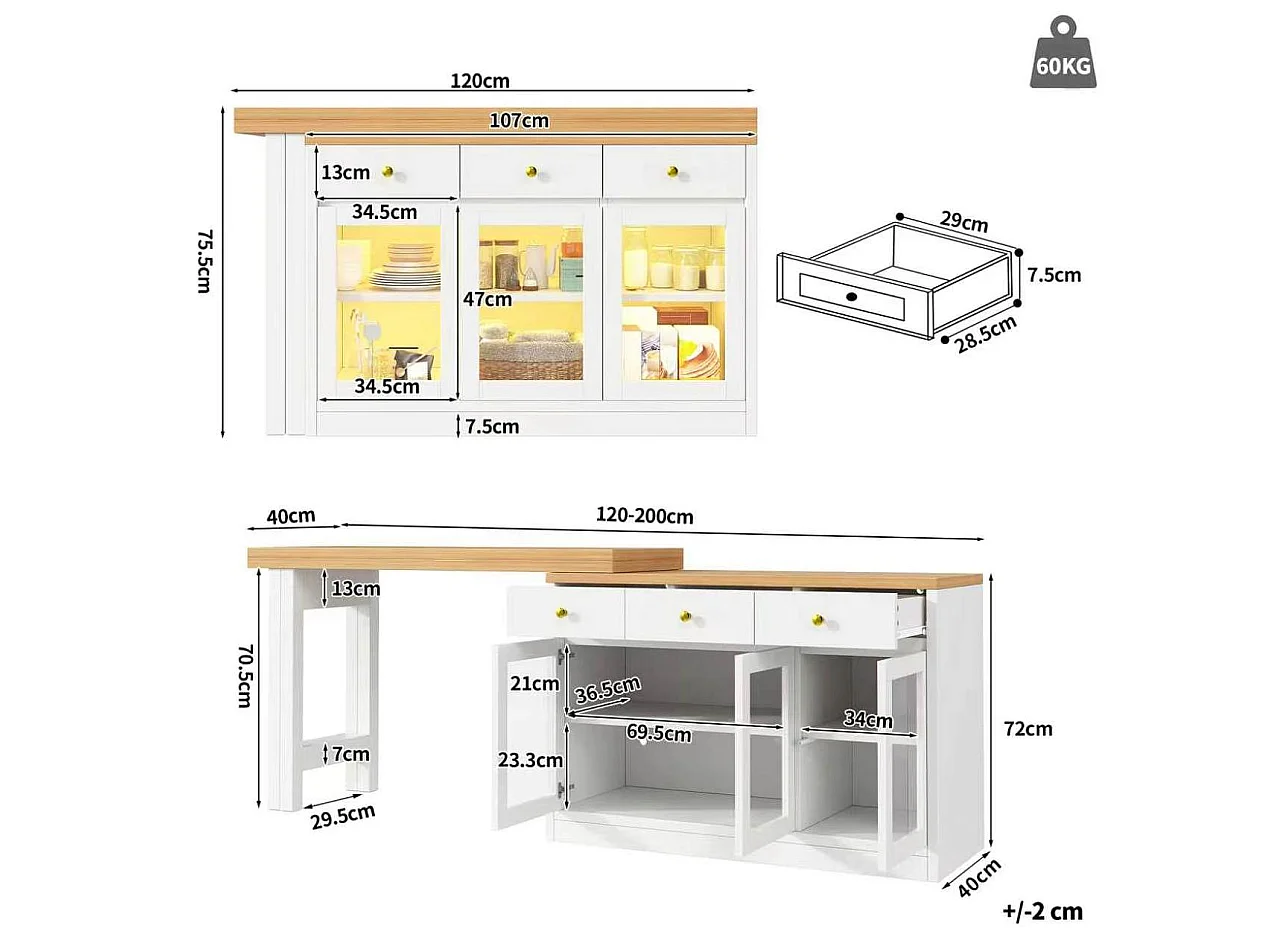 Carrito de cocina extensible de 120-200 cm con iluminación LED, 3 cajones y 3 puertas - Blanco