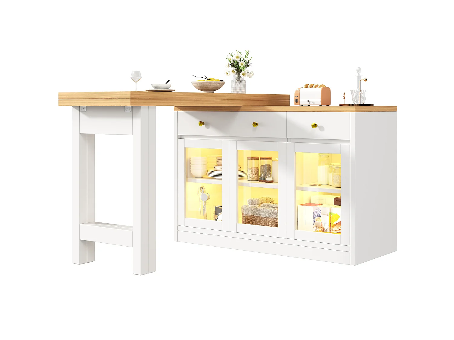 Carrito de cocina extensible de 120-200 cm con iluminación LED, 3 cajones y 3 puertas - Blanco