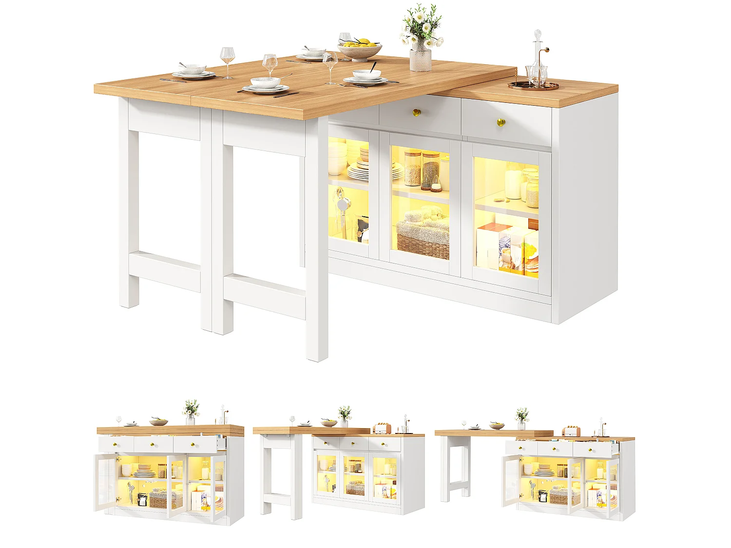 Carrito de cocina extensible de 120-200 cm con iluminación LED, 3 cajones y 3 puertas - Blanco