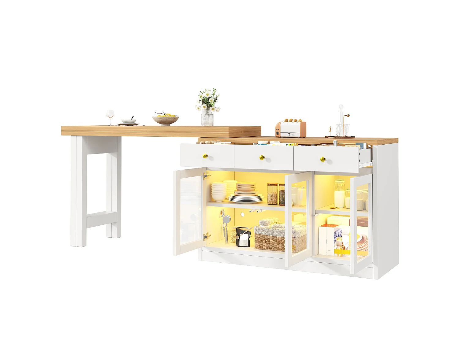 Carrito de cocina extensible de 120-200 cm con iluminación LED, 3 cajones y 3 puertas - Blanco