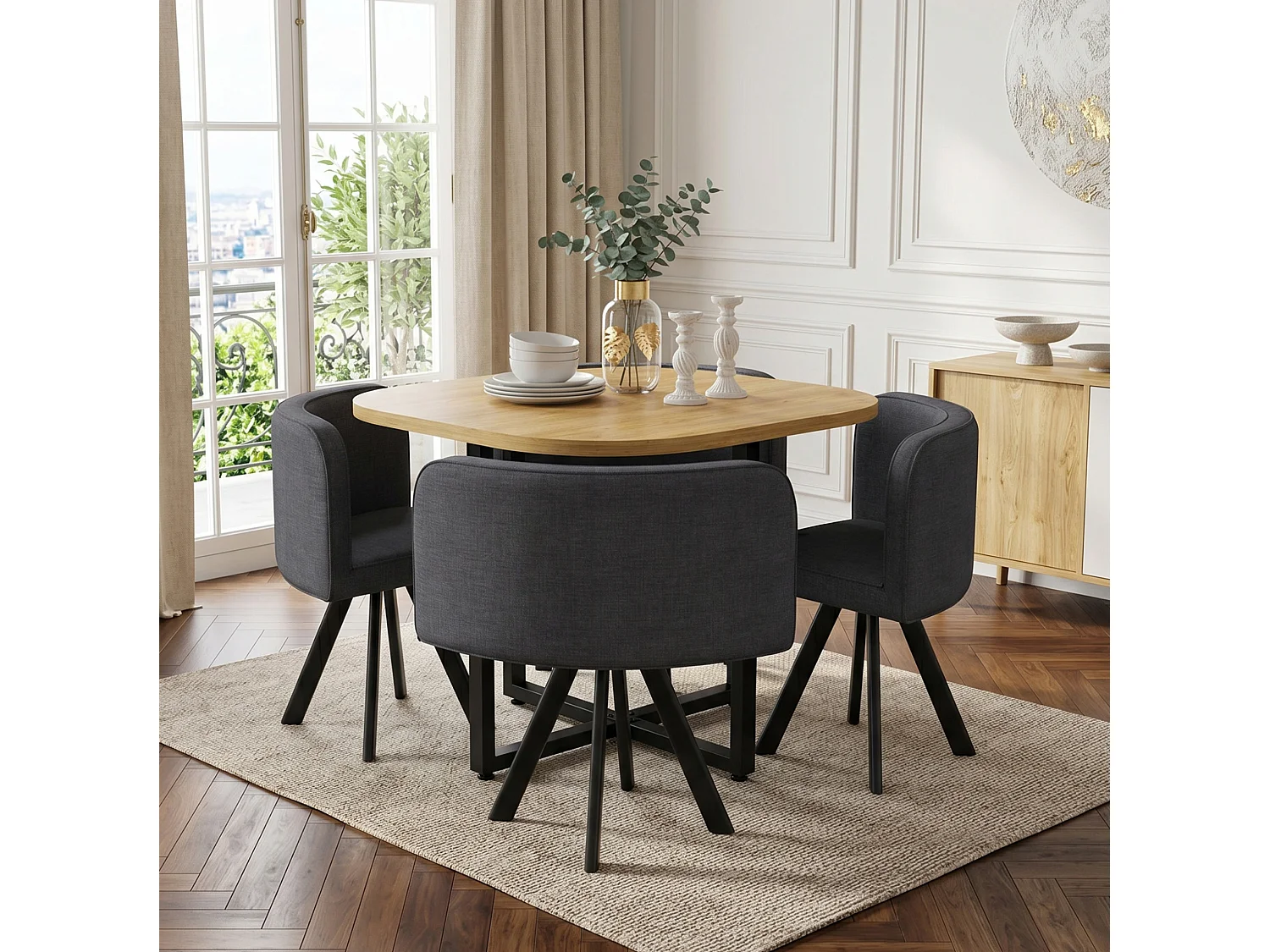 Ensemble table à manger 85 x 85 cm et 4 chaises en lin gris - Plateau bois clair