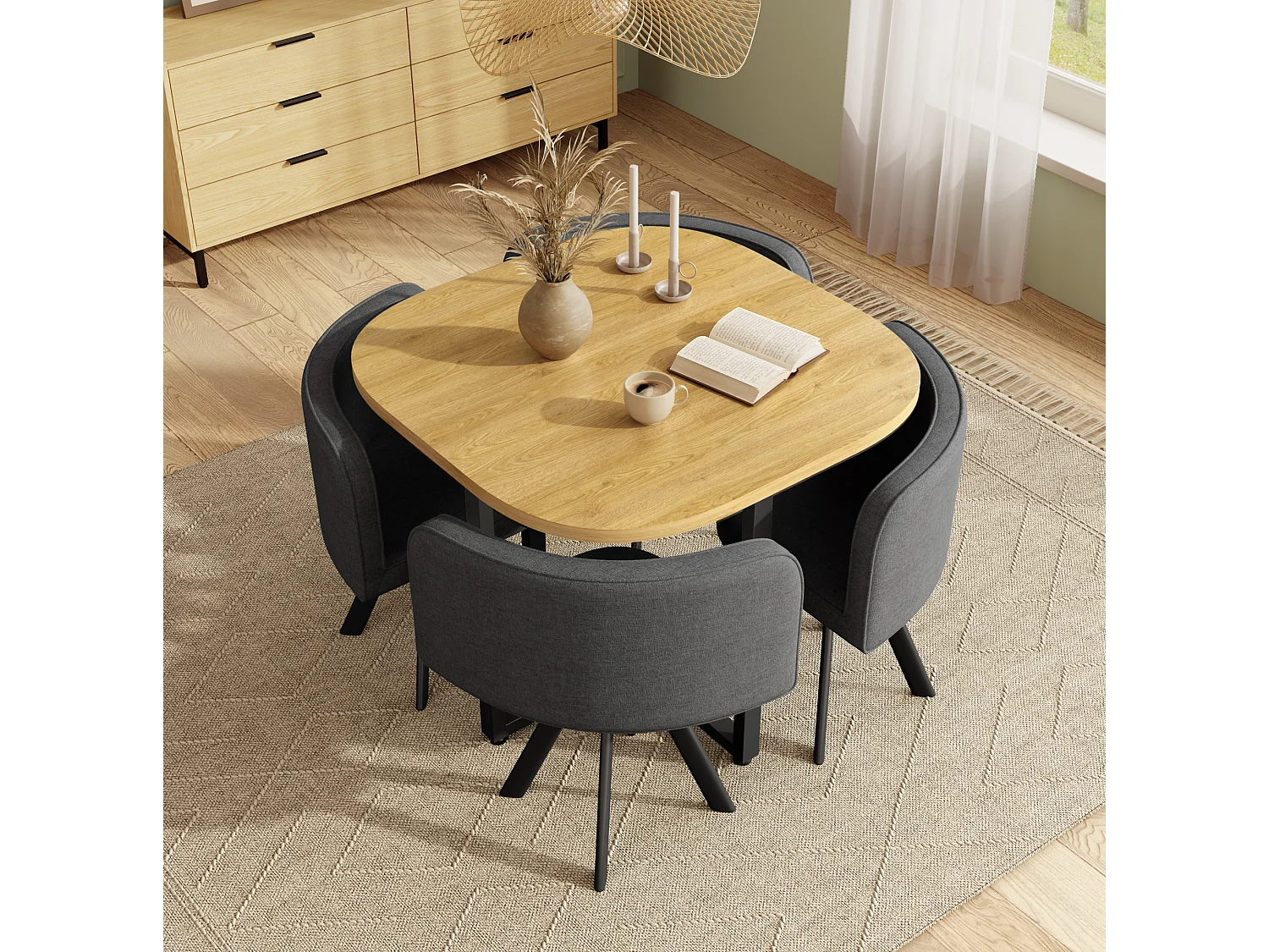 Ensemble table à manger 85 x 85 cm et 4 chaises en lin gris - Plateau bois clair