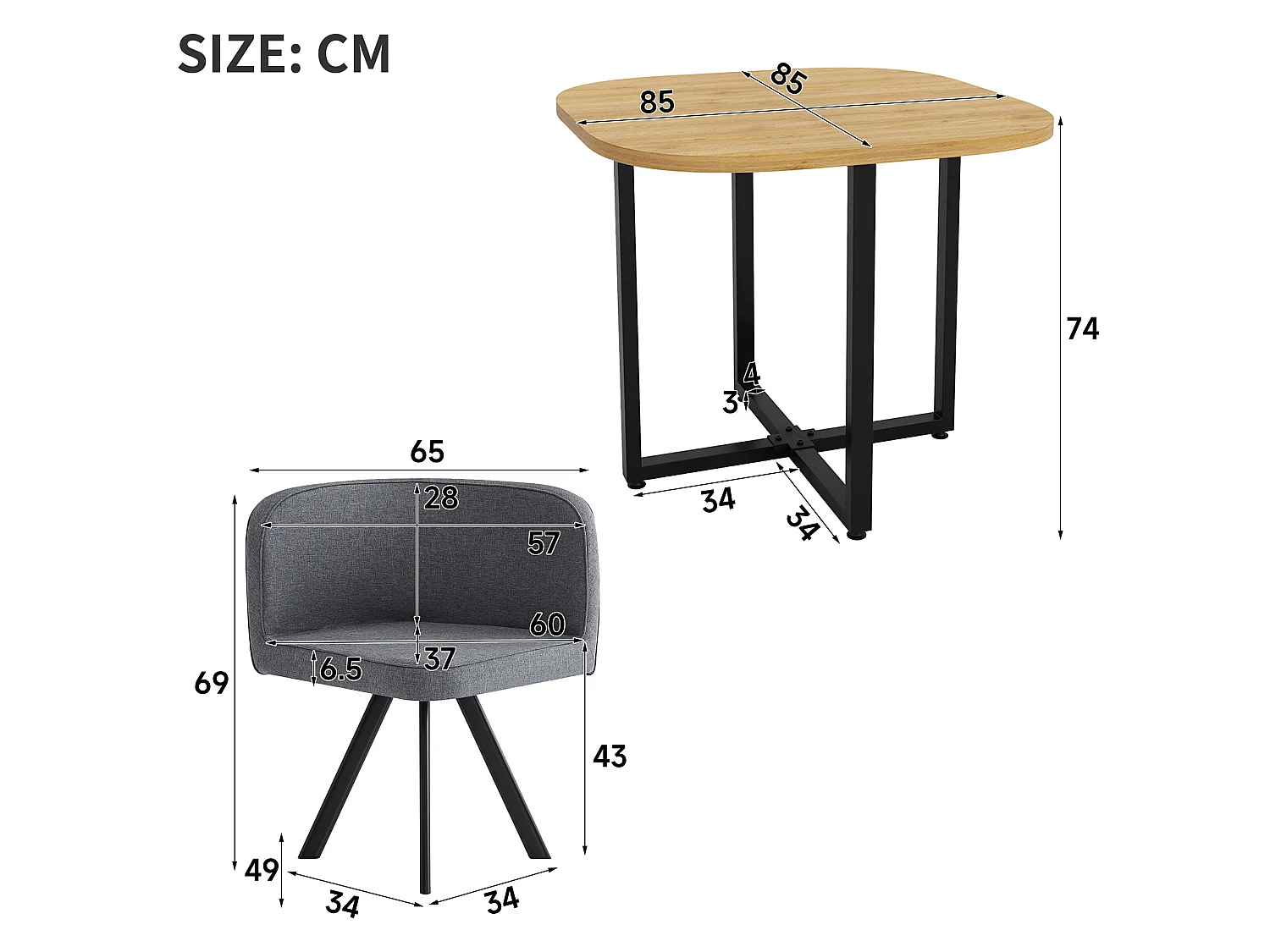 Ensemble table à manger 85 x 85 cm et 4 chaises en lin gris - Plateau bois clair