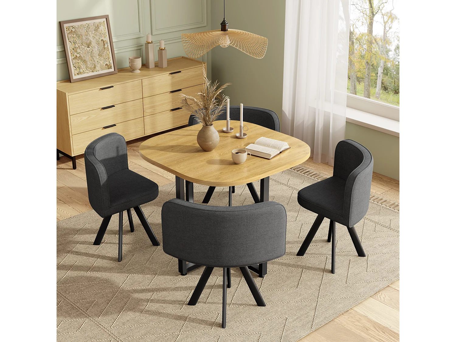 Ensemble table à manger 85 x 85 cm et 4 chaises en lin gris - Plateau bois clair