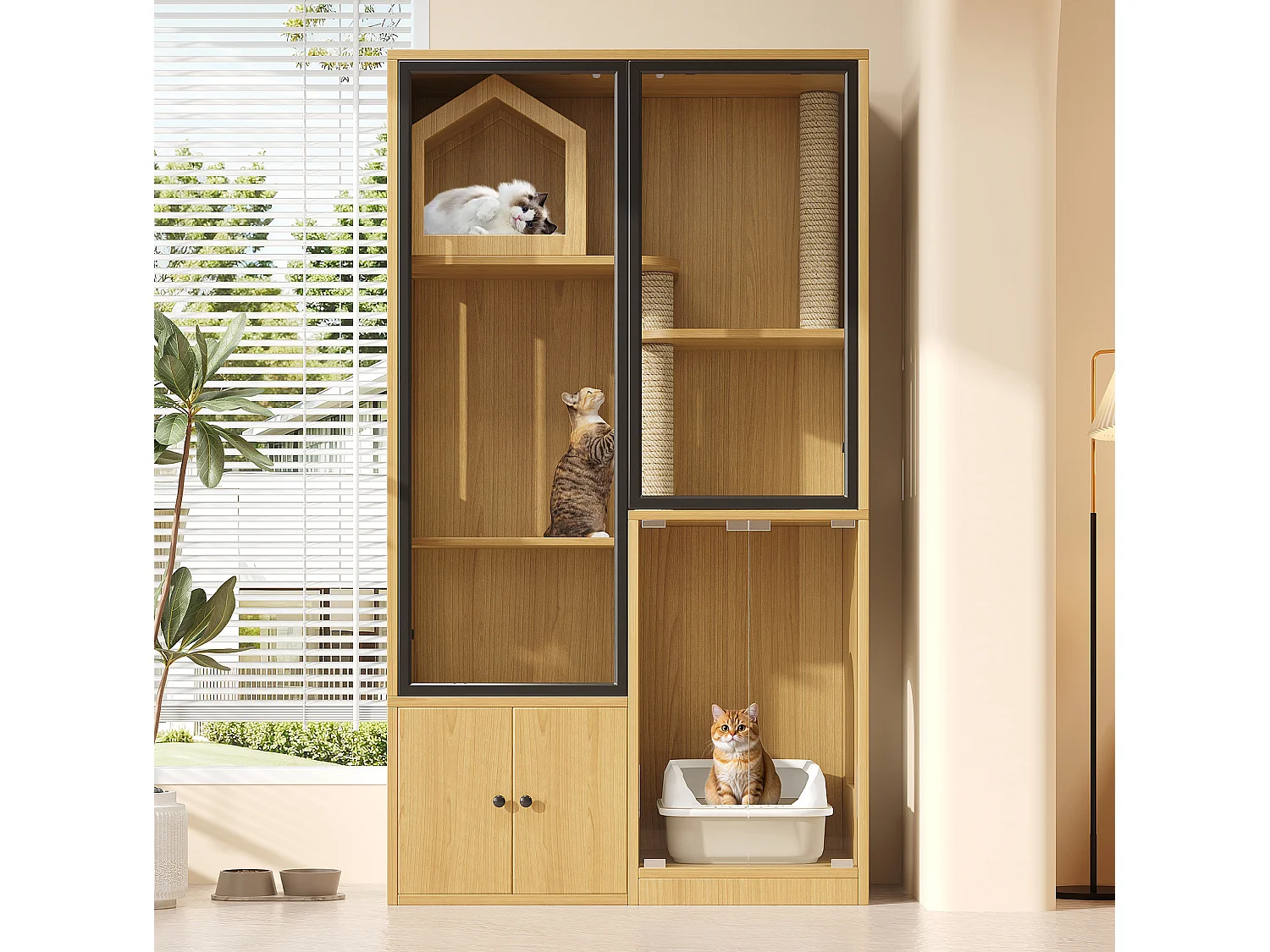 Casita para gatos de 90x50x160 cm con puertas de cristal templado, rascadores y espacio de almacenamiento - Color madera