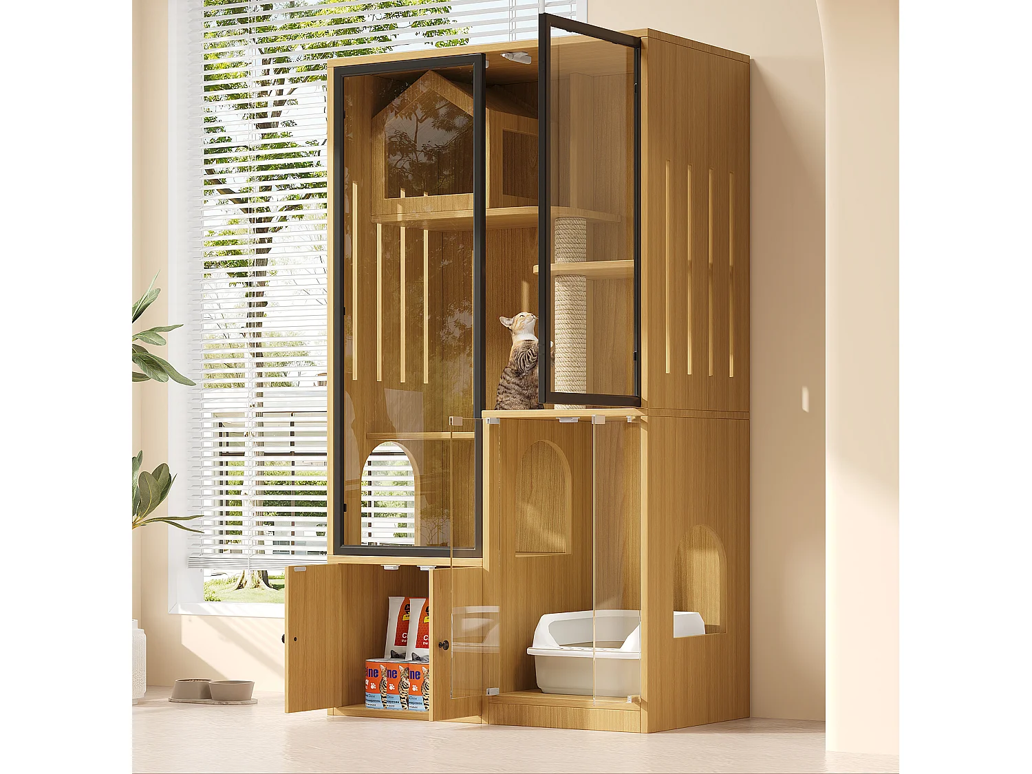 Casita para gatos de 90x50x160 cm con puertas de cristal templado, rascadores y espacio de almacenamiento - Color madera