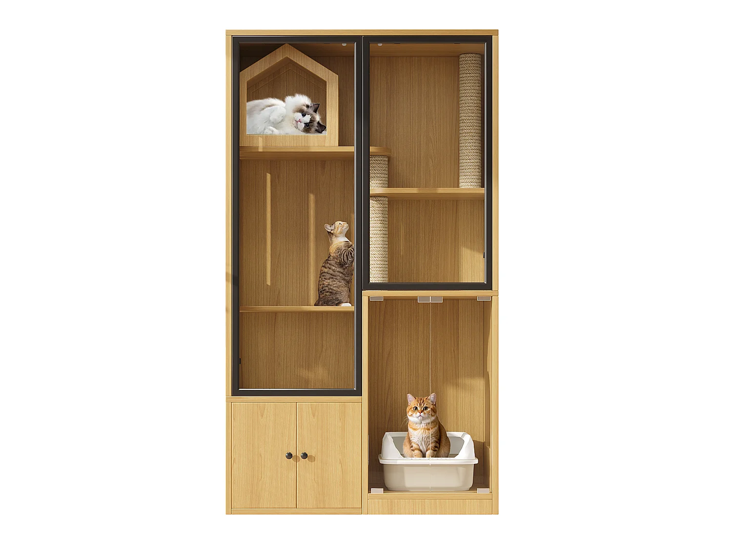 Casita para gatos de 90x50x160 cm con puertas de cristal templado, rascadores y espacio de almacenamiento - Color madera