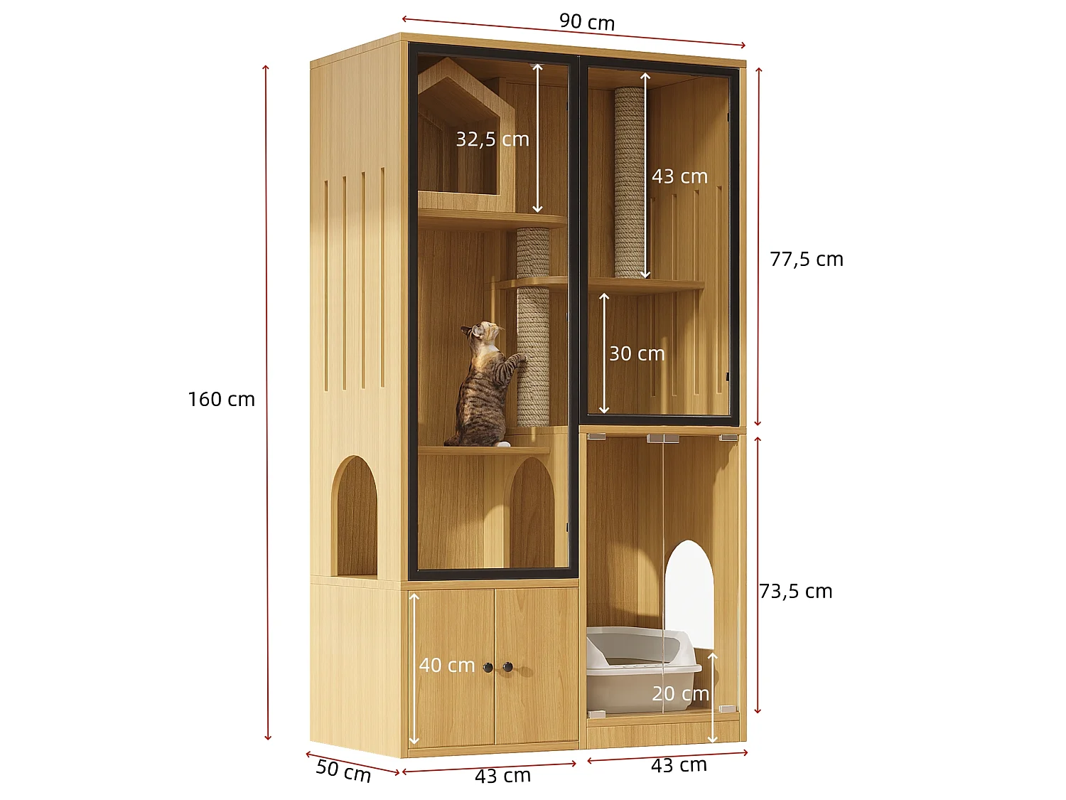 Casita para gatos de 90x50x160 cm con puertas de cristal templado, rascadores y espacio de almacenamiento - Color madera