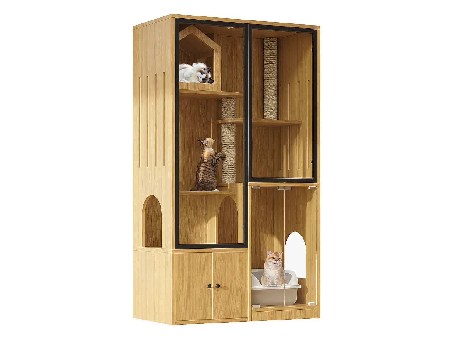 Casita para gatos de 90x50x160 cm con puertas de cristal templado, rascadores y espacio de almacenamiento - Color madera