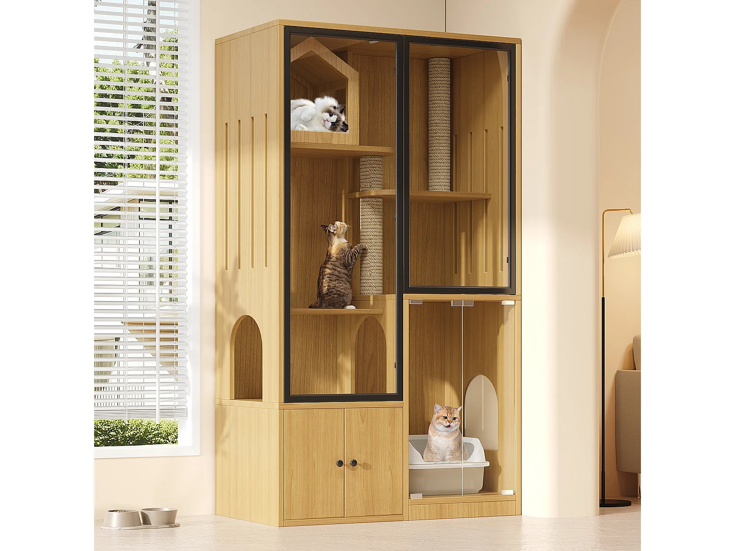 Casita para gatos de 90x50x160 cm con puertas de cristal templado, rascadores y espacio de almacenamiento - Color madera