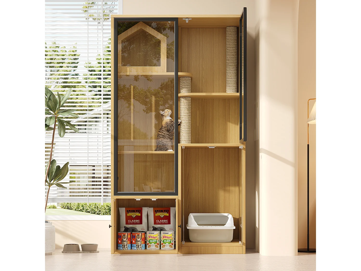 Casita para gatos de 90x50x160 cm con puertas de cristal templado, rascadores y espacio de almacenamiento - Color madera