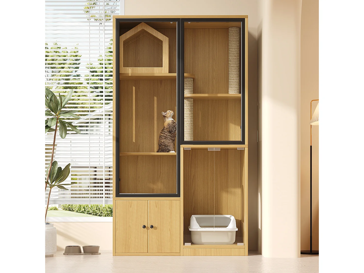 Casita para gatos de 90x50x160 cm con puertas de cristal templado, rascadores y espacio de almacenamiento - Color madera