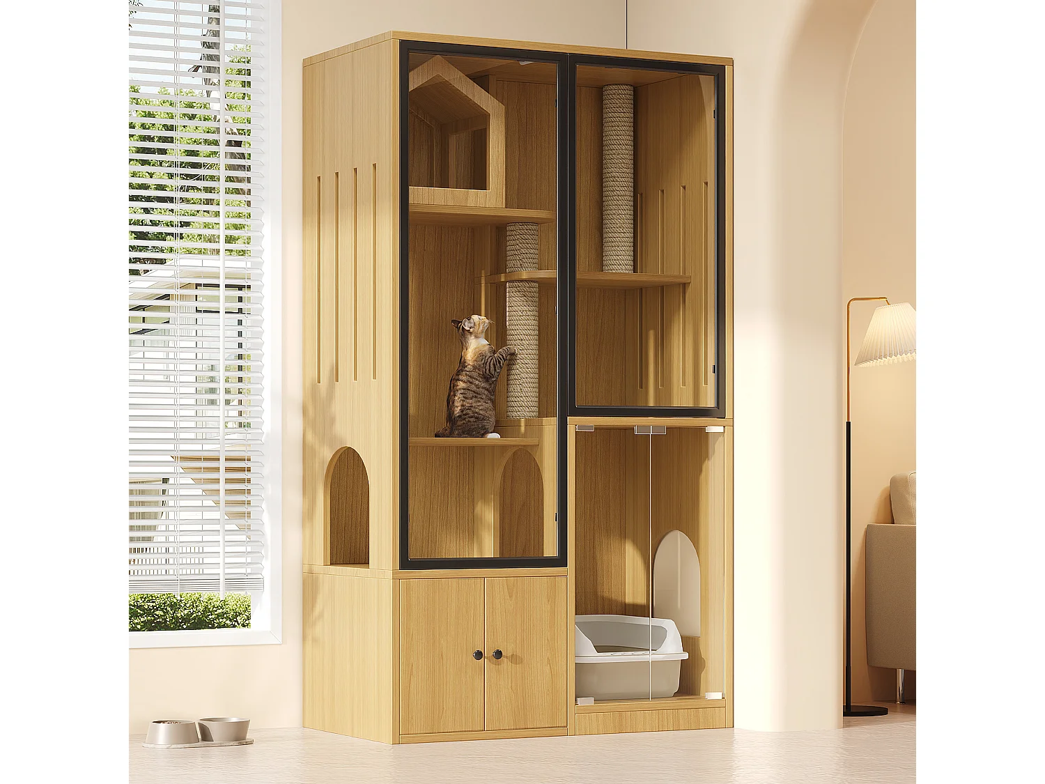 Casita para gatos de 90x50x160 cm con puertas de cristal templado, rascadores y espacio de almacenamiento - Color madera