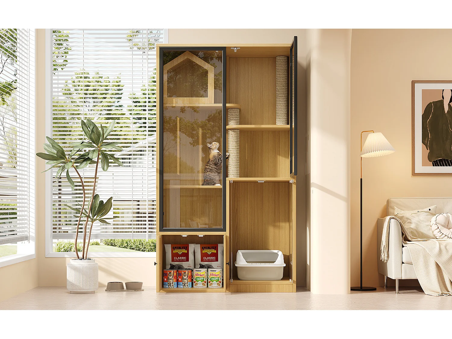 Casita para gatos de 90x50x160 cm con puertas de cristal templado, rascadores y espacio de almacenamiento - Color madera