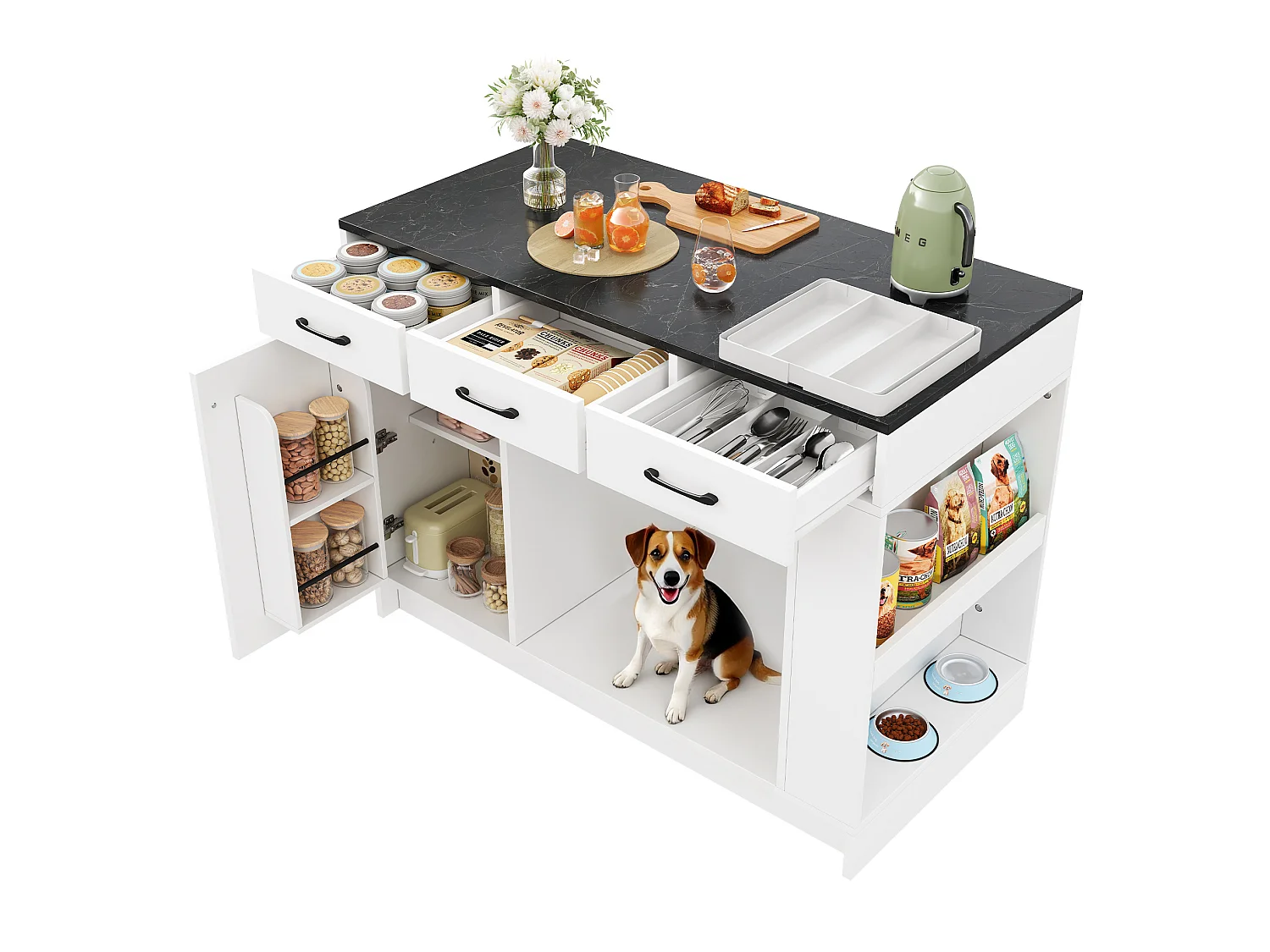 Desserte de cuisine avec 3 tiroirs et niche ouverte pour animal - Noir et blanc